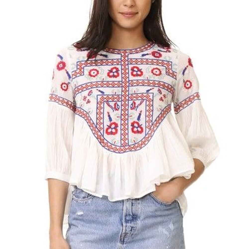 ANTIK BATIK Raji Embroidered Cotton Peasant Blouse Size XS